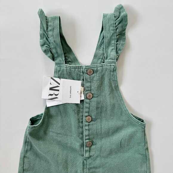 ZARA Ruffle Strap Overalls | Button Front, Adjustable Straps | Sage Green | 3–4Y - Picture 3 of 7